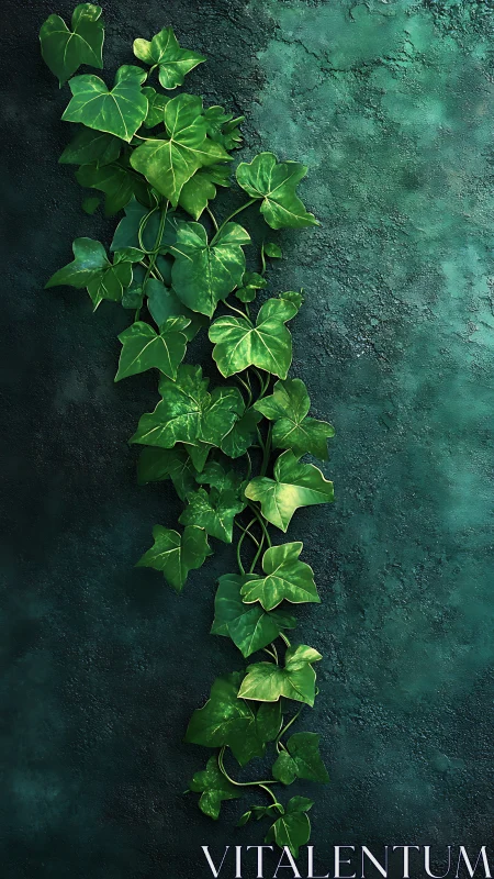 Ivy vine cascading down textured emerald wall surface.
