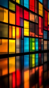 Geometric stained glass panels glow with vivid color reflections.