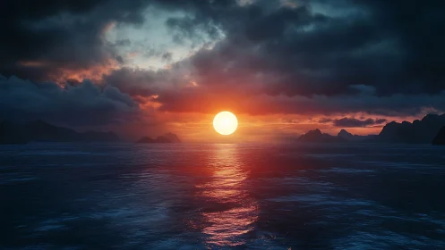 Solar disc over stormy ocean under cinematic dusk sky.