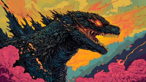 Kaiju profile against stylized sky with smoke plumes.