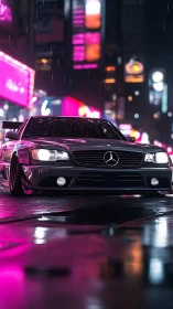Sleek Mercedes under neon city rain at night streets.