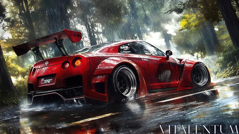 Red widebody sports car powers through wet forest road