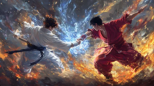 Two martial artists collide with opposing elemental forces