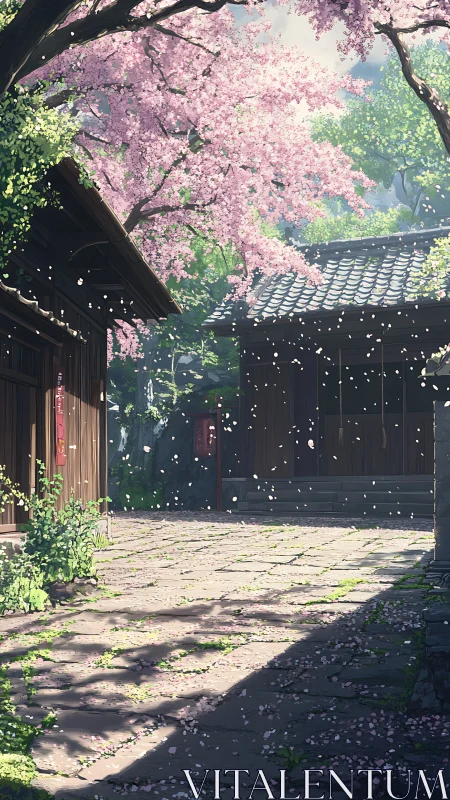 Cherry blossoms fall over a paved courtyard between wooden buildings
