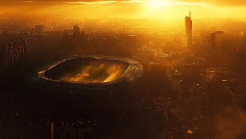 Sunlit city stadium glowing softly in the golden haze.