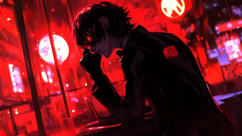 Moody city dreamer resting in a neon red midnight glow.