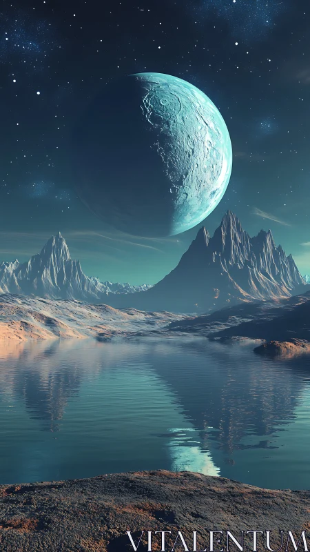 Frozen exoplanet rising above mirrored alien lake vista.