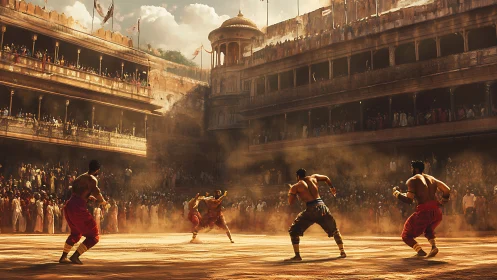 Historic arena combat under cinematic golden dust light.