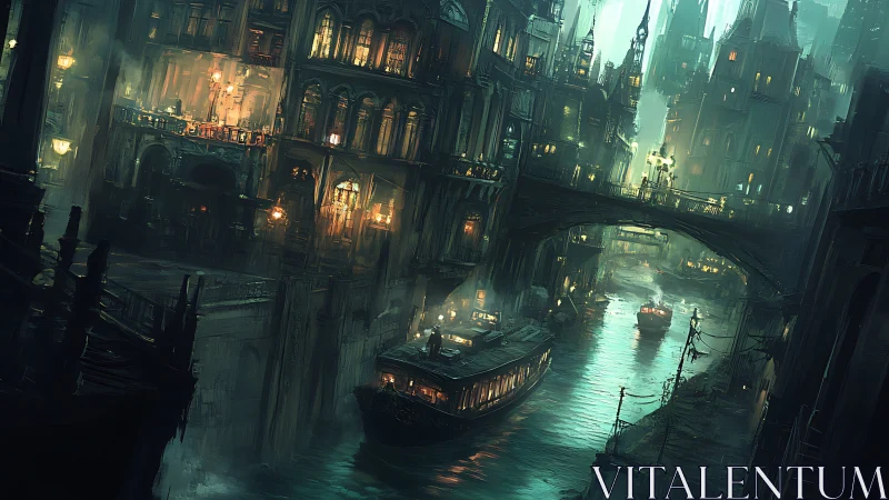 Nocturnal neo-Venetian canal under layered industrial viaducts.