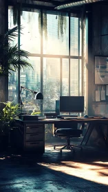 Sunlit industrial office desk with lush indoor greenery.