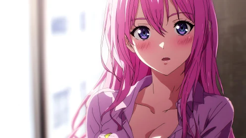 Pink haired anime girl with flushed cheeks indoors.