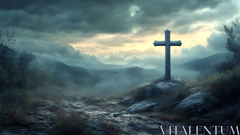 Stone cross crowns misty valley under storm laden sky.