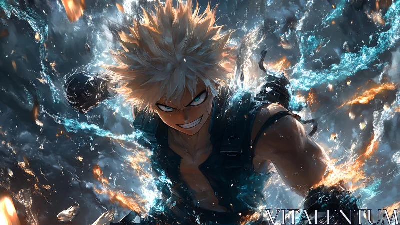 Explosive combatant in turbulent elemental energy vortex.