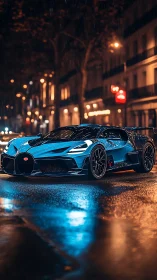 Blue hypercar on wet city street at night in rainfall.