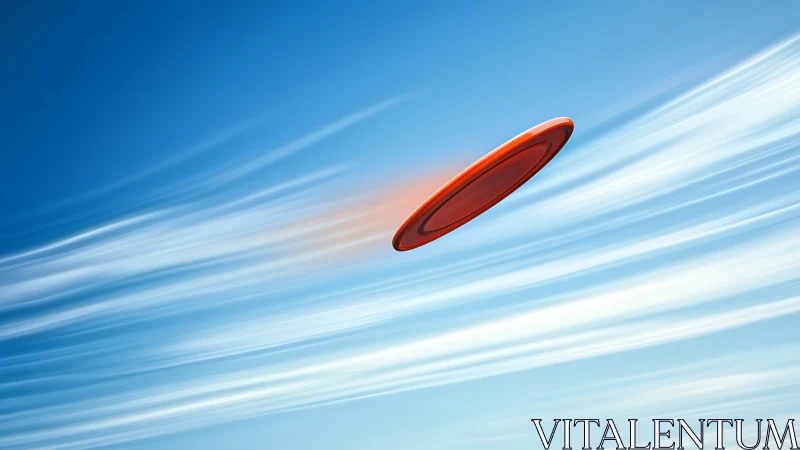 Dynamic motion study of red flying disc against streaked sky.