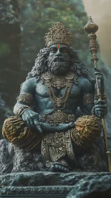 Majestic stone deity seated in ornate golden regalia.