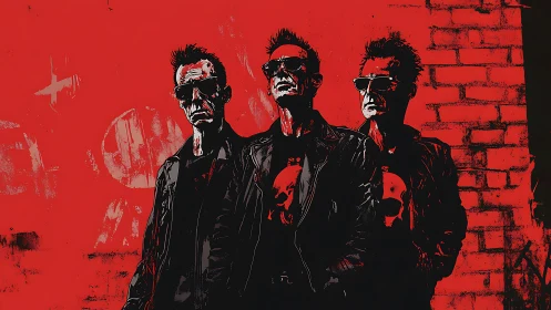 Trio of leather clad figures on stark red wall background.