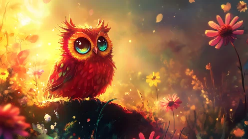 Whimsical cartoon owl with big eyes in vibrant magical garden.