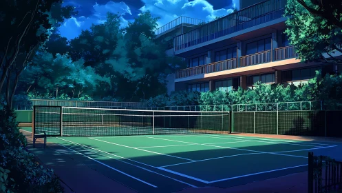 Evening light gently settles over a quiet green tennis court