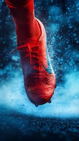 Dynamic red football boot kick amid blue motion spray.
