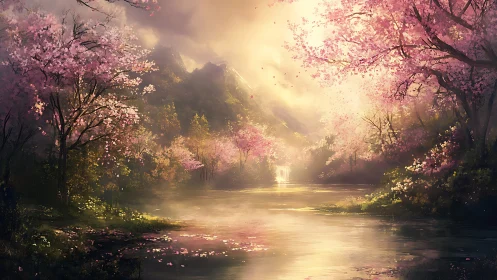 Sunlit cherry blossom valley frames tranquil river bend