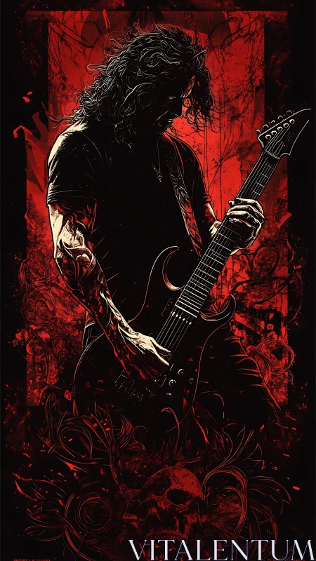Silhouetted metal guitarist rendered in high-contrast red ink linework