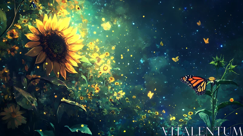 Nocturnal sunflower meadow with luminescent butterflies in flight