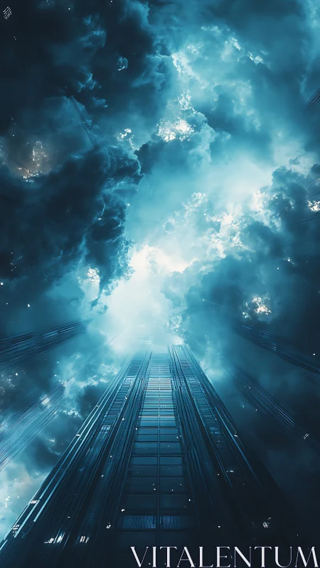 Vertiginous cyber tower pierces storm-lit volumetric clouds