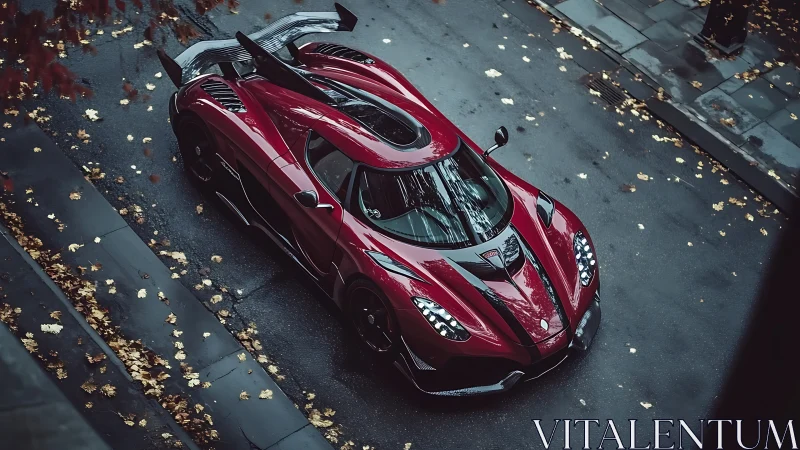 Photorealistic overhead of crimson hypercar on wet urban street.