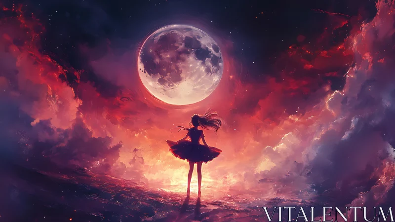 Moonlit dreamer dancing beneath crimson cosmic clouds.