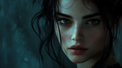 Storm-lit gaze of the midnight muse in teal silence.