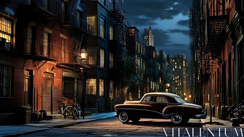 Midcentury coupe under sodium streetlight in nocturnal alleyway.