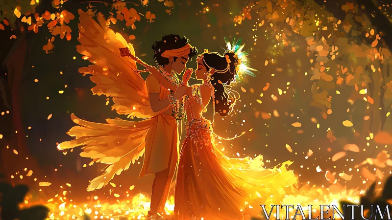 Mythic couple illuminated by golden bokeh in stylized forest glow
