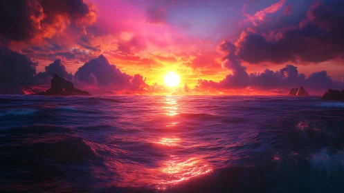 Radiant digital seascape shows neon sunset over open ocean