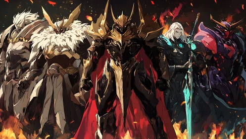 Armored fantasy figures aligned amid embers and darkness.