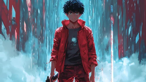 Neon alley wanderer in red jacket between codefall towers.