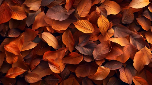 Chromatic macro study of overlapping copper autumn leaves.