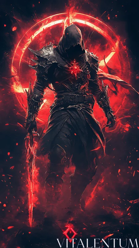 Hooded armored figure stands before circular fiery symbol