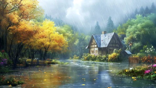 Rainstorms weave silver threads around a riverside cottage