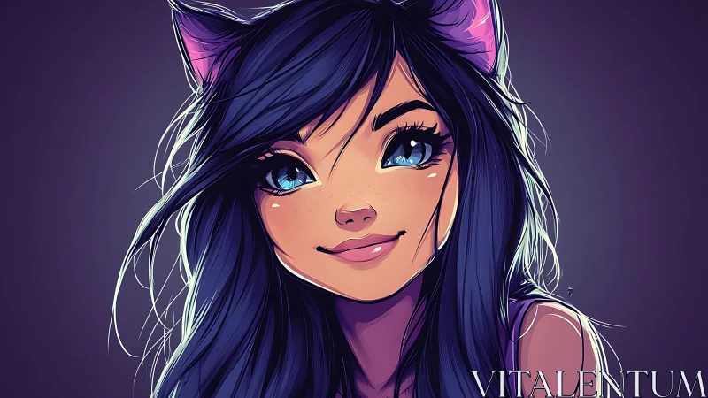 Smiling cat girl glows softly against a dreamy violet haze