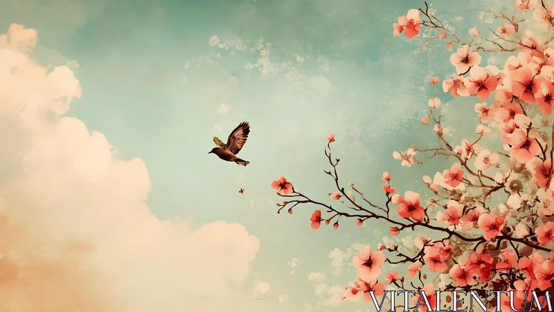 Songbird in flight over pastel sky and cherry blossoms