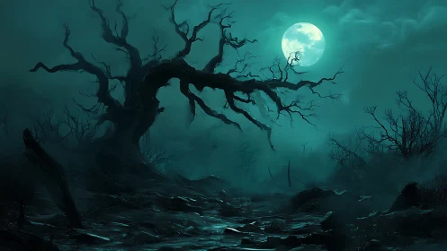 Twisted dead tree silhouettes against high-contrast cyan moonlit fog