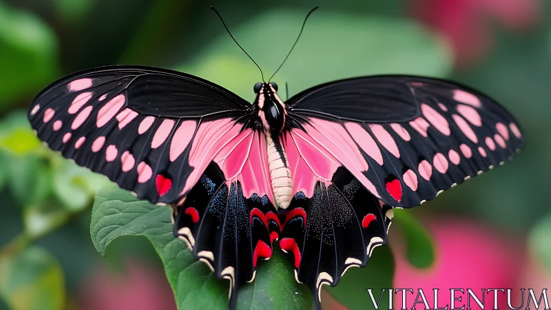 Butterfly spreads neon-pink wings like living stained glass