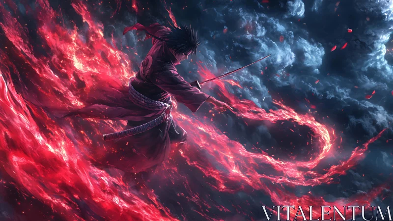 Sword-wielding warrior commands swirling crimson flames.