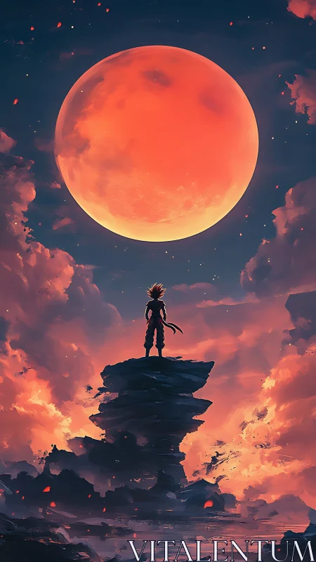 Lone anime warrior confronts a colossal crimson moon