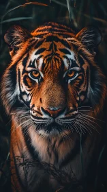 Close-up tiger portrait with intense gaze in dim light.