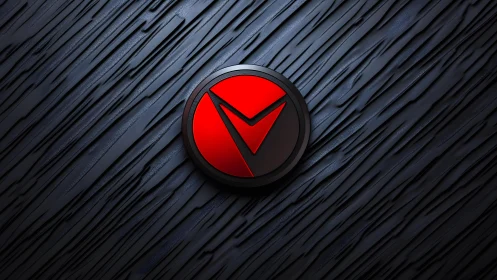 Bold red geometric emblem on textured dark abstract background.
