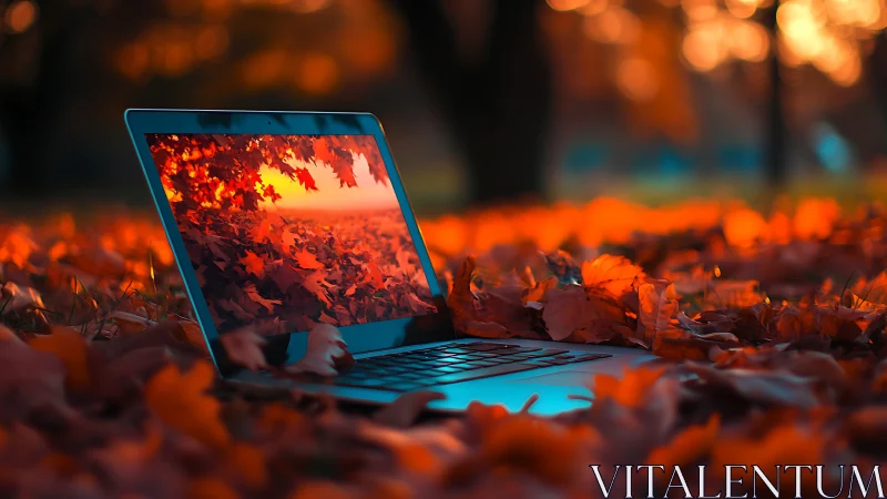 Laptop rests in vivid autumn leaves under warm sunset glow.