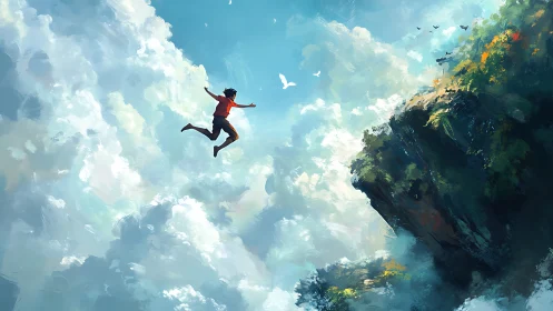 Boy leaps from cliff into luminous sky of swirling clouds