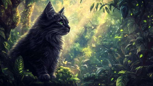 Black Cat in Enchanted Forest Illuminated by Golden Ethereal Light